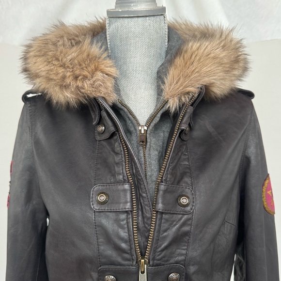 Harley-Davidson Women’s Brown Gray Goatskin Leather Jacket Fur Trim Hood Medium - Picture 13 of 16